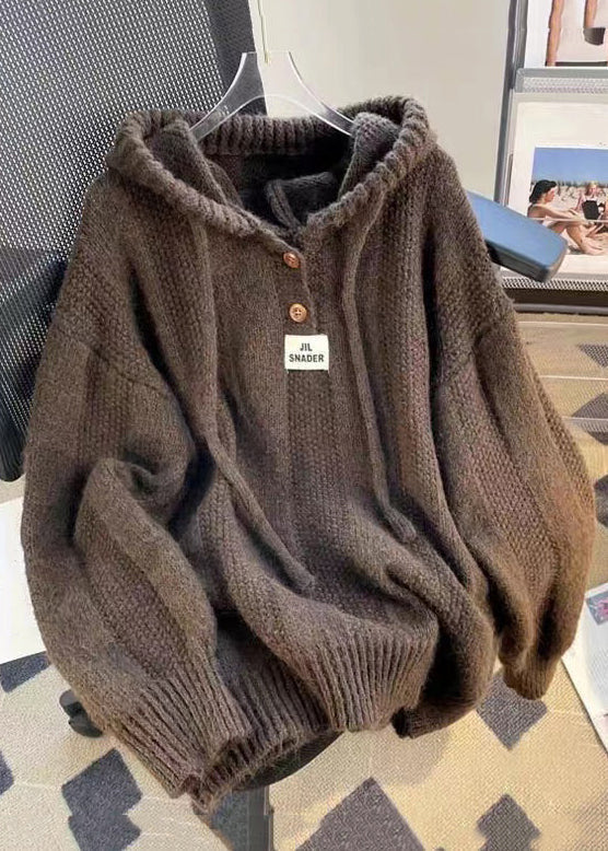 Women's Hooded Top Brown Cotton Knit Long Sleeve - 1