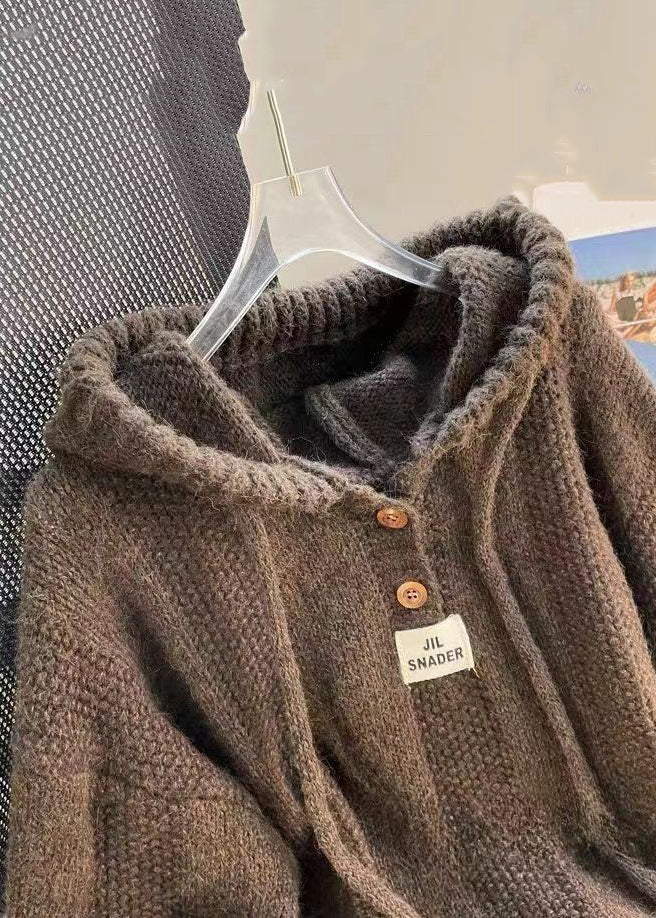 Women's Hooded Top Brown Cotton Knit Long Sleeve - 3