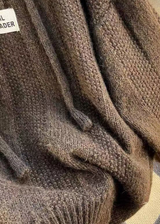 Women's Hooded Top Brown Cotton Knit Long Sleeve - 4