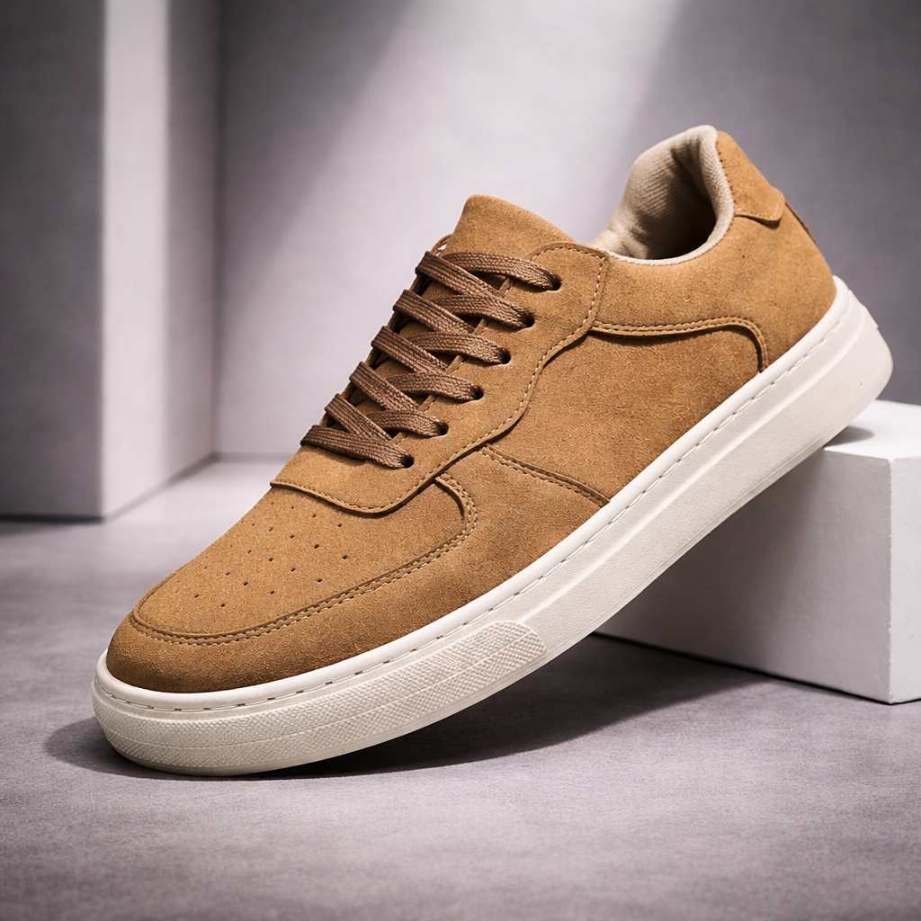 Men's Suede Low-Top Sneakers in Brown – front view | Hensley London