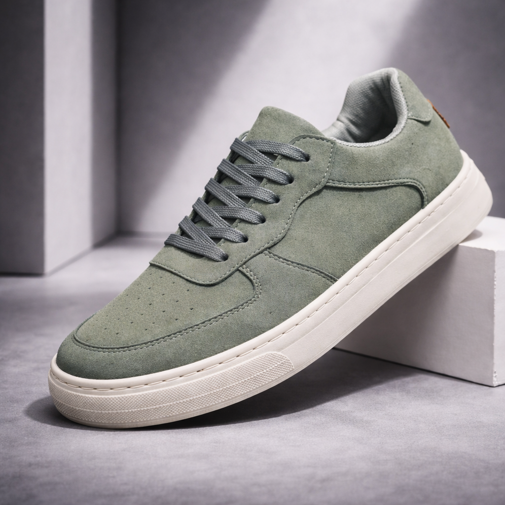 Men's Suede Low-Top Sneakers in Moss Green – front view | Hensley London