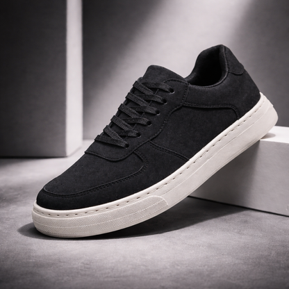 Men's Suede Low-Top Sneakers in Black – front view | Hensley London