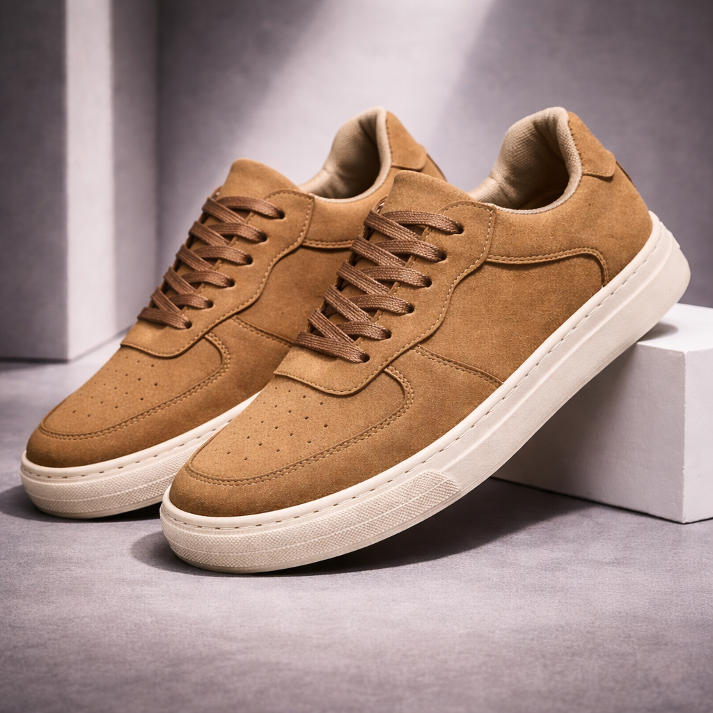 Men's Suede Low-Top Sneakers in Brown – side view | Hensley London