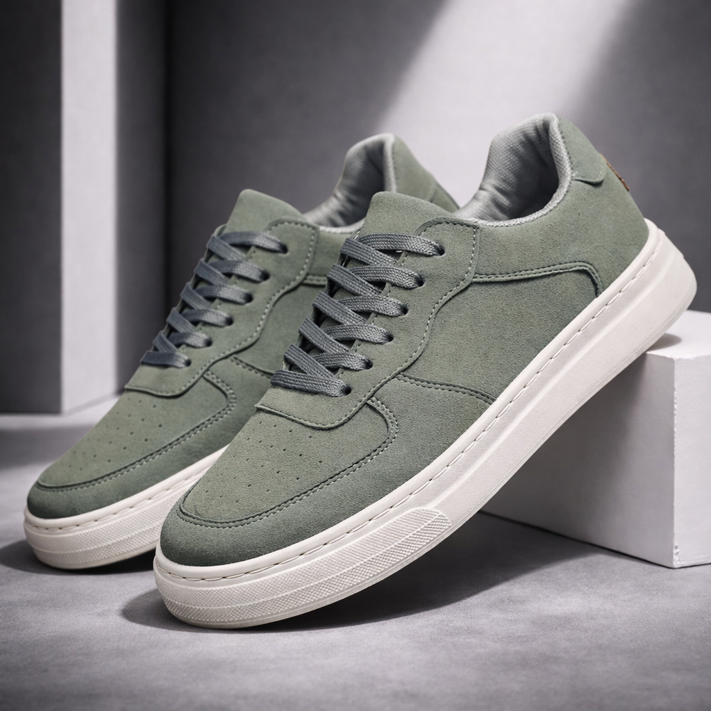 Men's Suede Low-Top Sneakers in Moss Green – side view | Hensley London