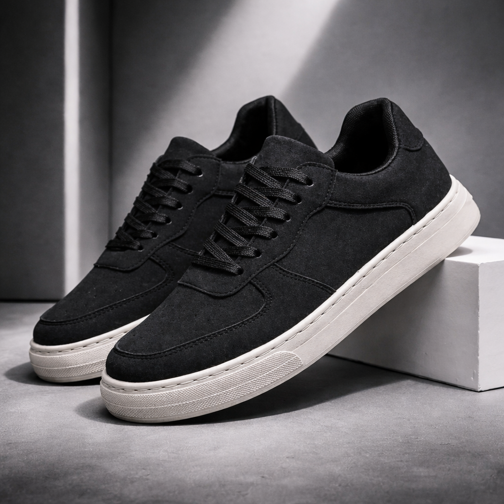 Men's Suede Low-Top Sneakers in Black – side view | Hensley London