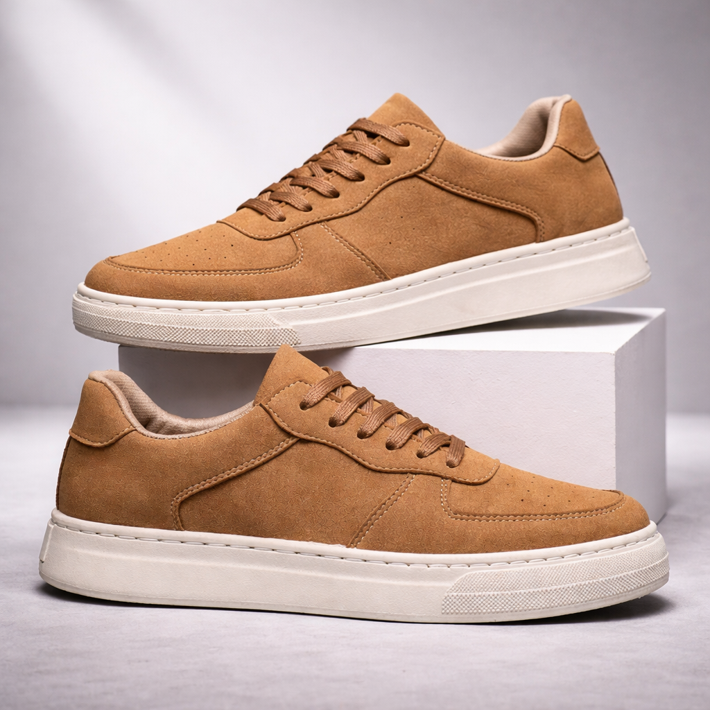 Men's Suede Low-Top Sneakers in Brown – detail view | Hensley London