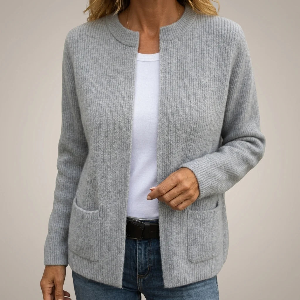 Women's Zip-Front Pocket Cardigan in Gray – product view | Hensley London
