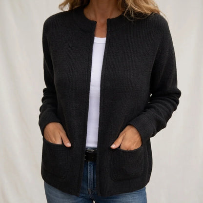Women's Zip-Front Pocket Cardigan in Black – product view | Hensley London