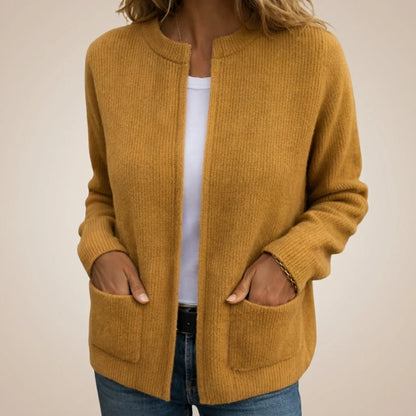 Women's Zip-Front Pocket Cardigan in Yellow – product view | Hensley London