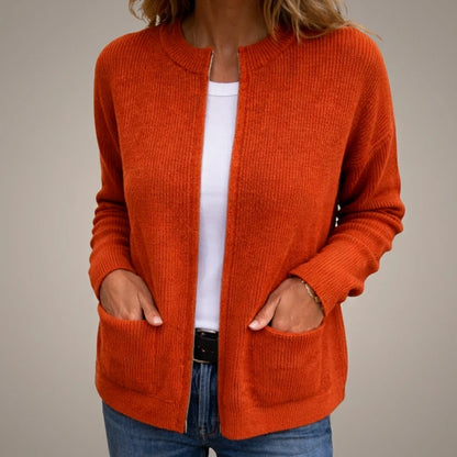 Women's Zip-Front Pocket Cardigan in Orange – product view | Hensley London