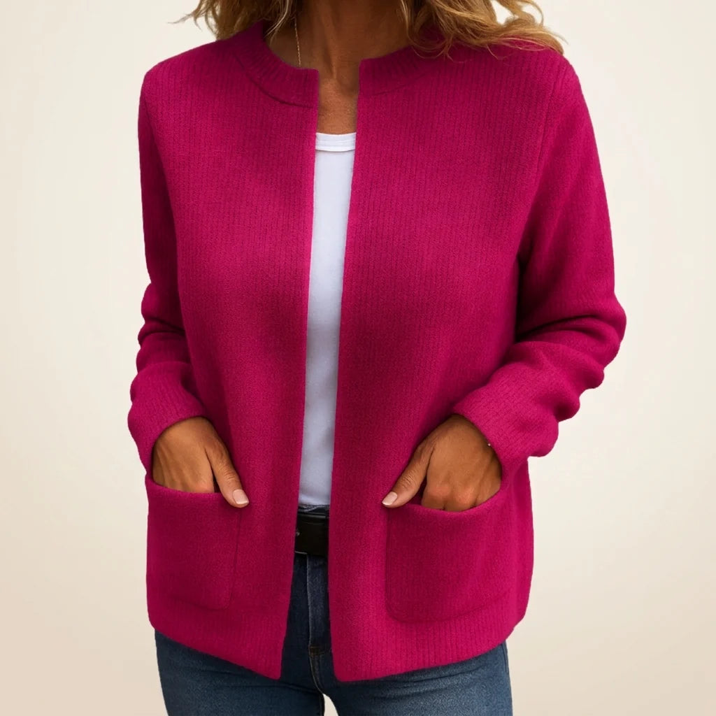 Women's Zip-Front Pocket Cardigan in Rose Red – product view | Hensley London