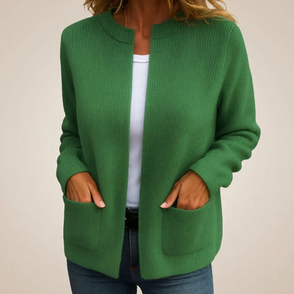 Women's Zip-Front Pocket Cardigan in Green – product view | Hensley London
