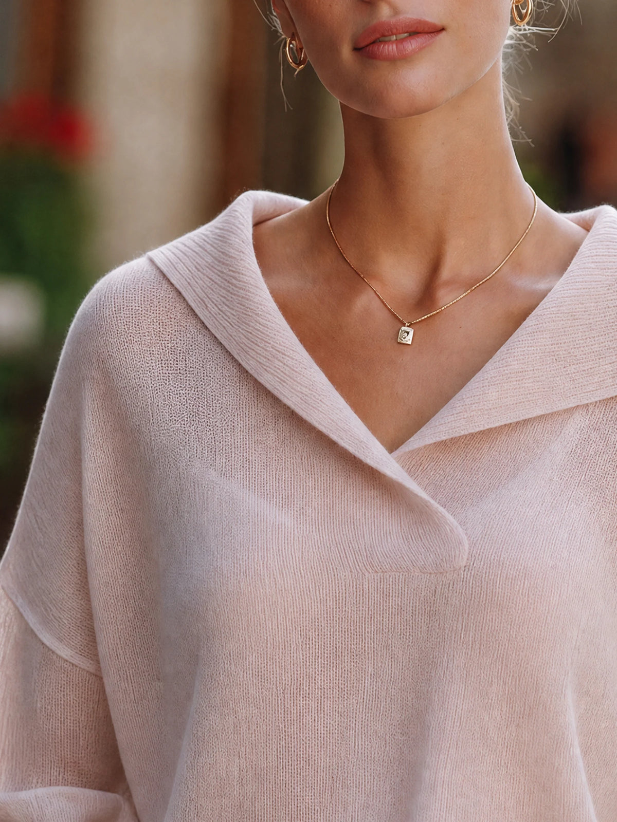 Women's Wide-Collar V-Neck Knit Pullover in Pink – Product view | Hensley London