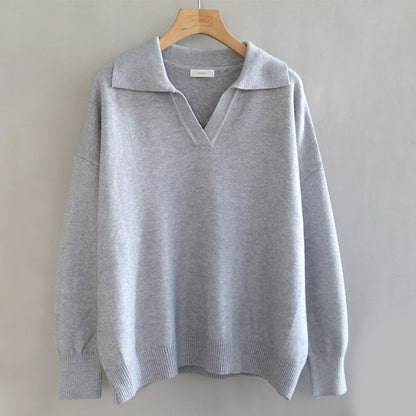 Collared V-Neck Loose Fit Long Sleeve Pullover Sweaters 11