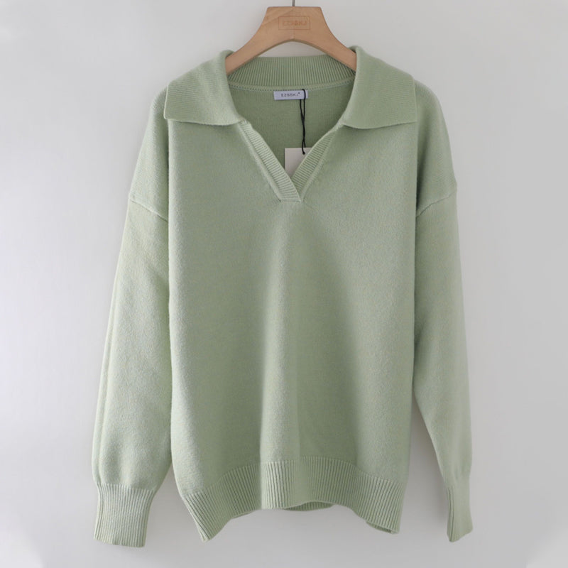 Collared V-Neck Loose Fit Long Sleeve Pullover Sweaters 12