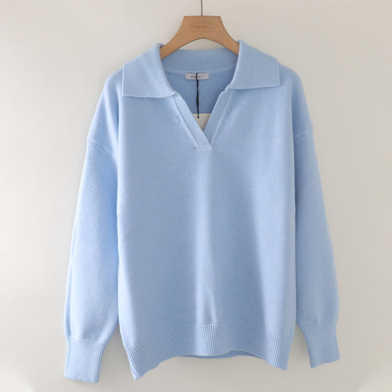 Collared V-Neck Loose Fit Long Sleeve Pullover Sweaters 13