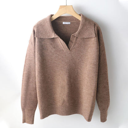 Collared V-Neck Loose Fit Long Sleeve Pullover Sweaters 14