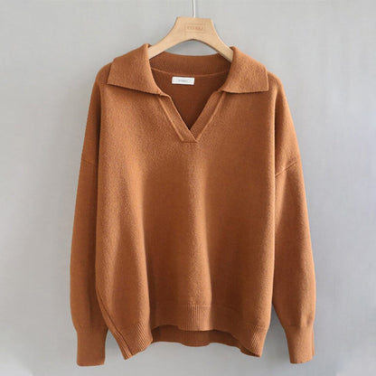 Collared V-Neck Loose Fit Long Sleeve Pullover Sweaters 15
