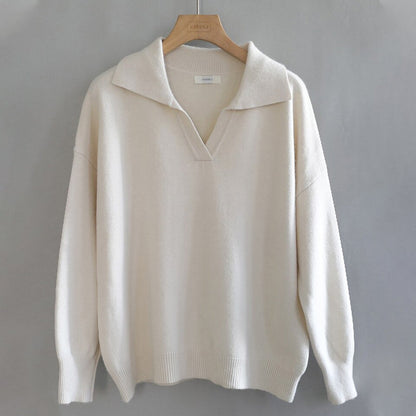 Collared V-Neck Loose Fit Long Sleeve Pullover Sweaters 16