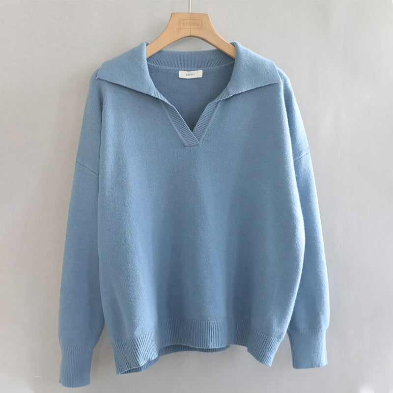 Collared V-Neck Loose Fit Long Sleeve Pullover Sweaters 8