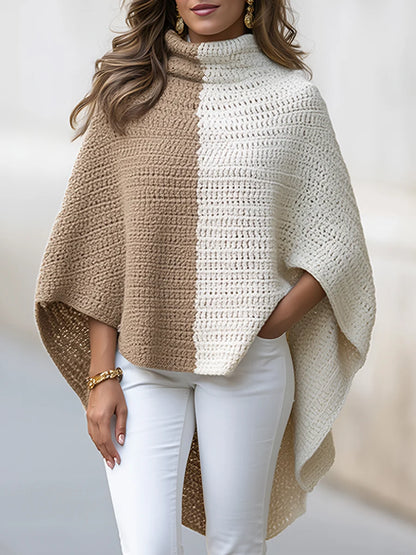 Women's Colour-Block Open-Knit Cape Poncho in Camel – product view | Hensley London