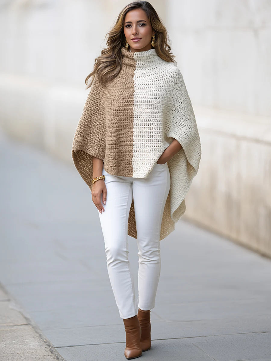 Women's Colour-Block Open-Knit Cape Poncho in Camel – product view | Hensley London