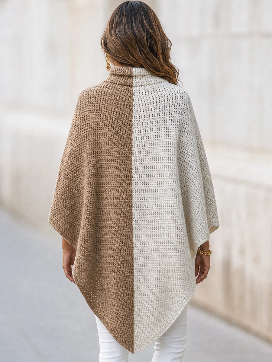 Women's Colour-Block Open-Knit Cape Poncho in Camel – product view | Hensley London