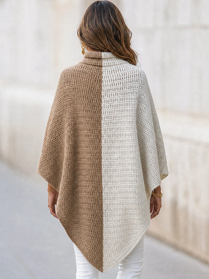 Women's Colour-Block Open-Knit Cape Poncho in Camel – product view | Hensley London