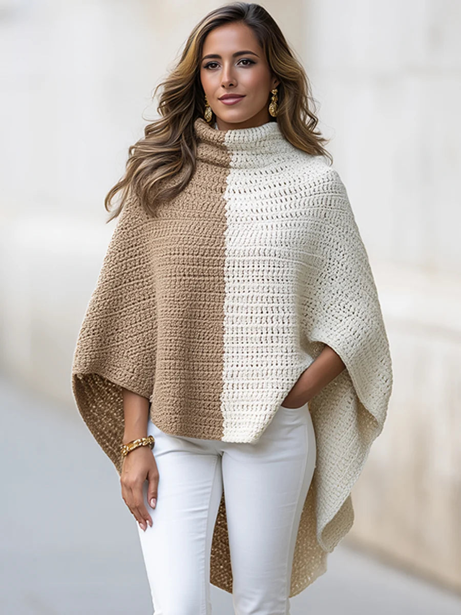 Women's Colour-Block Open-Knit Cape Poncho in Camel – product view | Hensley London