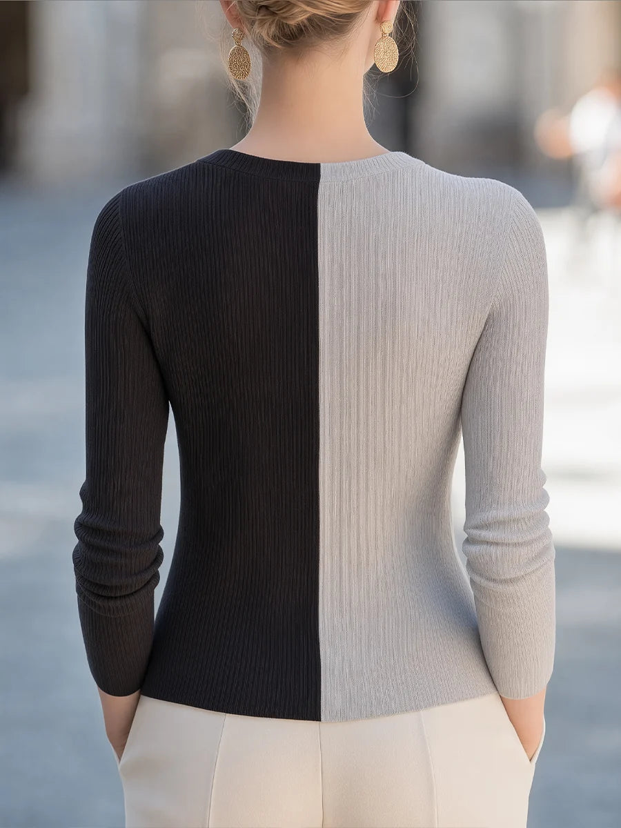 Women's Colorblock Asymmetric Button Knit Top – additional product view | Hensley London