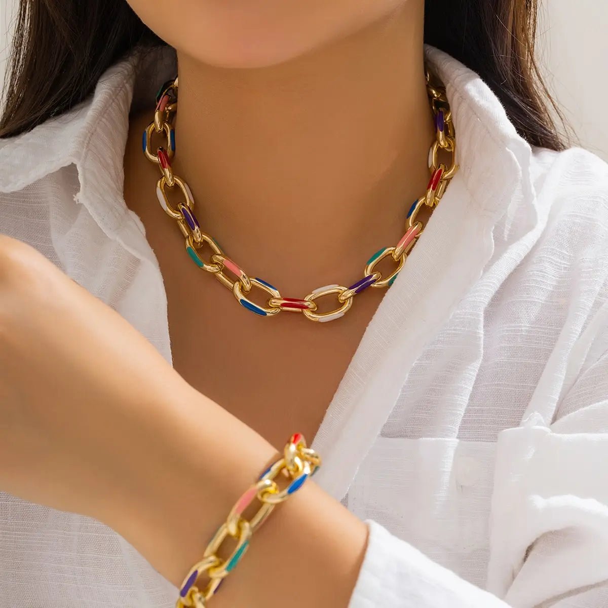 Colorful Chain Jewelry Set for Women – Vibrant Stainless Steel Necklace and Bracelet with Adjustable Lengths 0