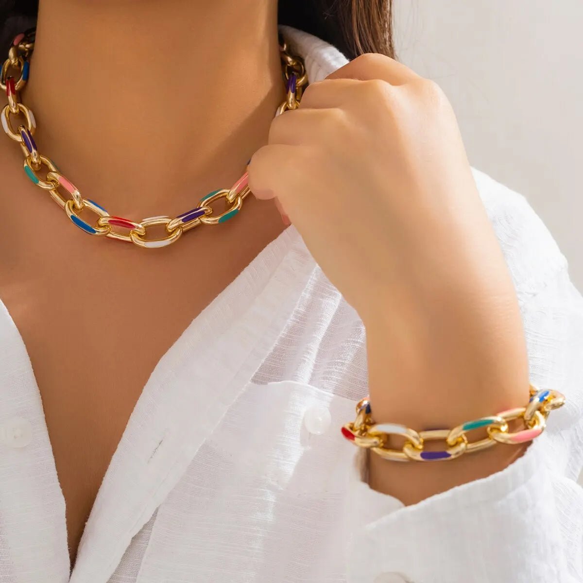 Colorful Chain Jewelry Set for Women – Vibrant Stainless Steel Necklace and Bracelet with Adjustable Lengths 1