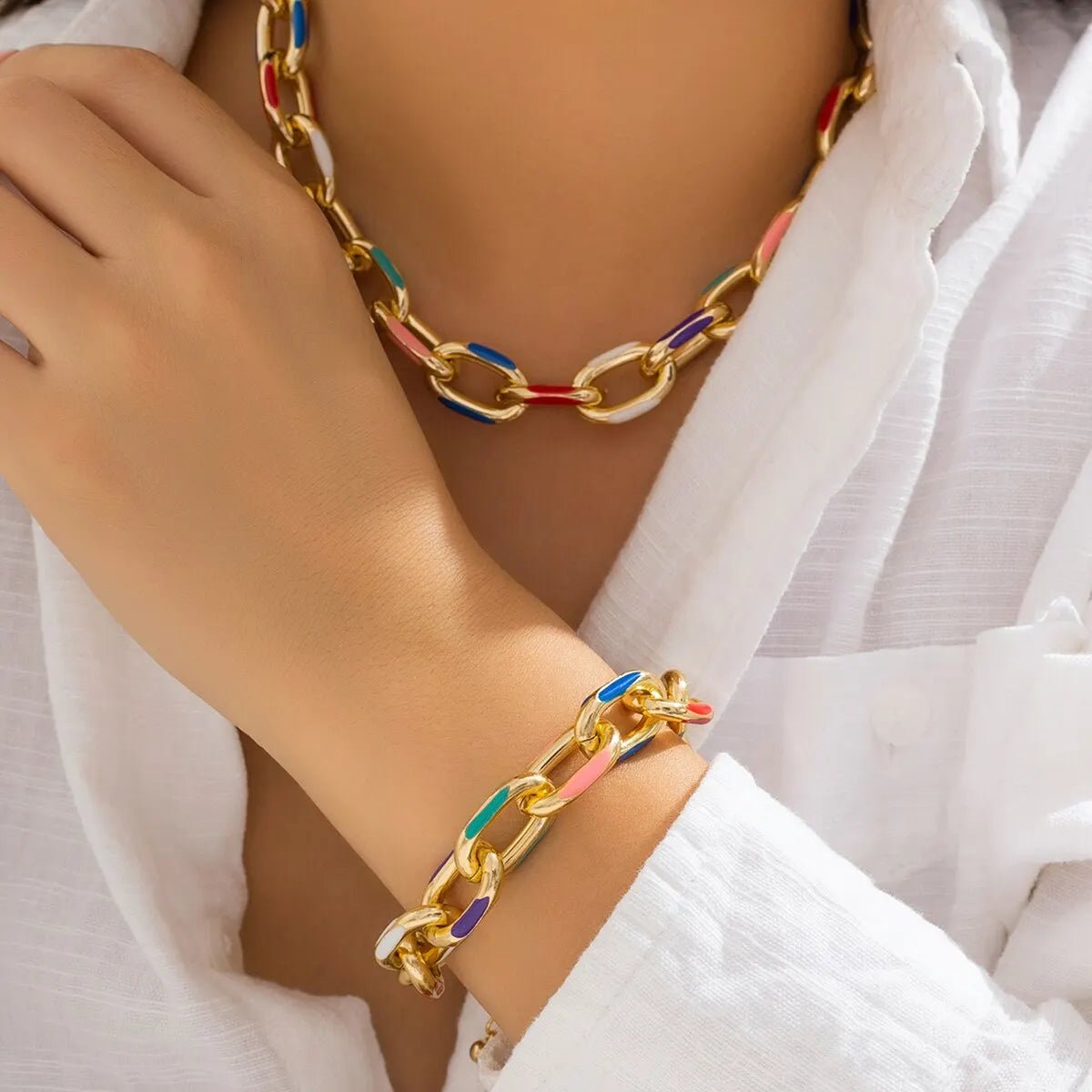 Colorful Chain Jewelry Set for Women – Vibrant Stainless Steel Necklace and Bracelet with Adjustable Lengths 2