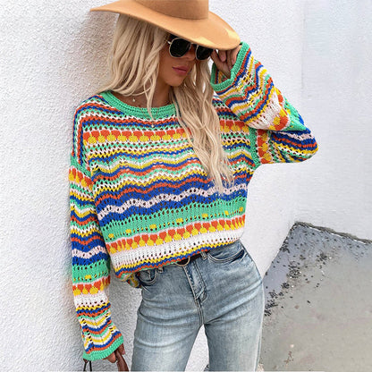 Colorful Loose-Fitting Knitted Flare Sleeve Crochet Hollow Out Pullover Sweaters 10