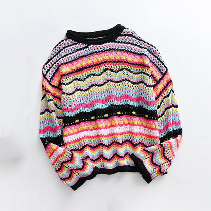Colorful Loose-Fitting Knitted Flare Sleeve Crochet Hollow Out Pullover Sweaters 4