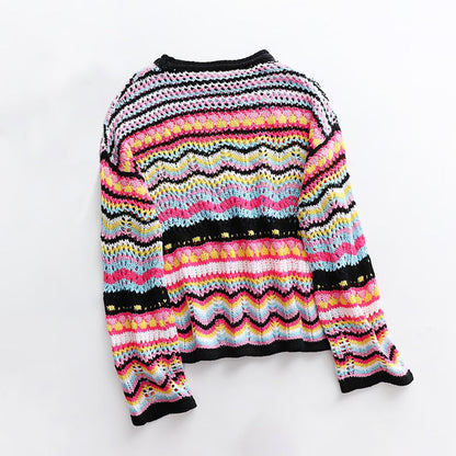 Colorful Loose-Fitting Knitted Flare Sleeve Crochet Hollow Out Pullover Sweaters 5