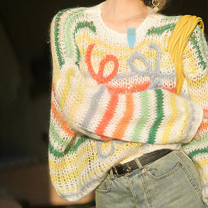 Colorful Stripe Pattern Hollow Knit Long Sleeve Sweater Tops 0
