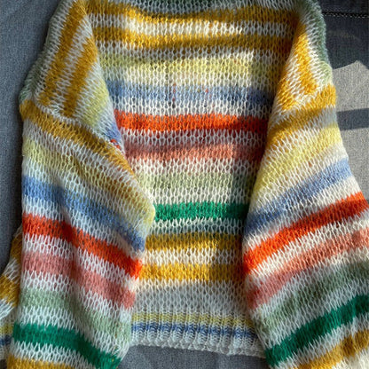 Colorful Stripe Pattern Hollow Knit Long Sleeve Sweater Tops 2