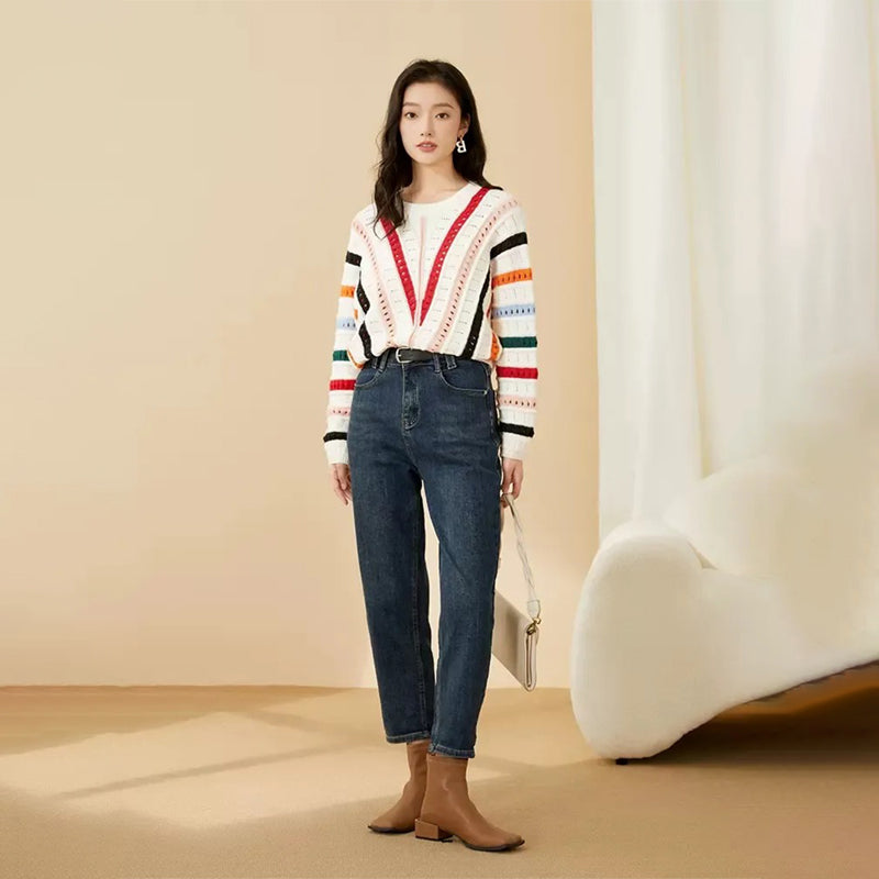 Colorful Striped Asymmetrical Hollow-Out Knitted Pullover Sweater 2