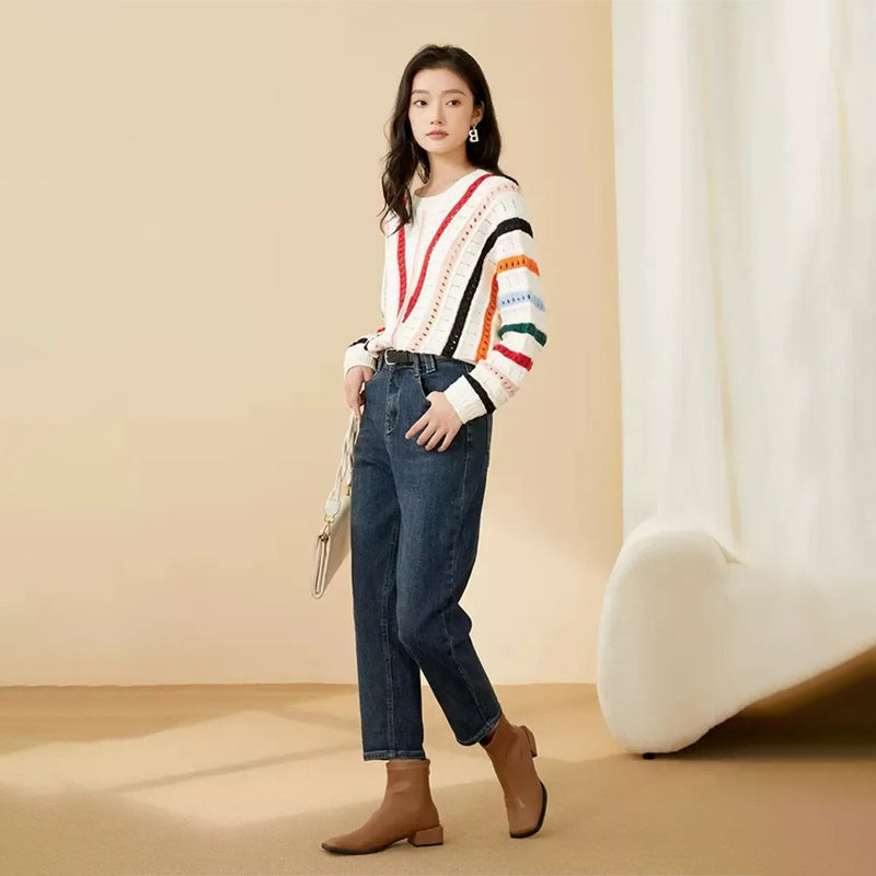 Colorful Striped Asymmetrical Hollow-Out Knitted Pullover Sweater 3