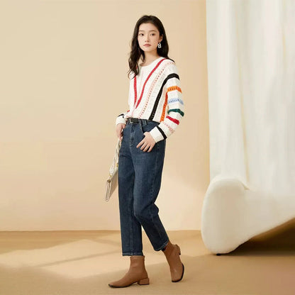 Colorful Striped Asymmetrical Hollow-Out Knitted Pullover Sweater 3