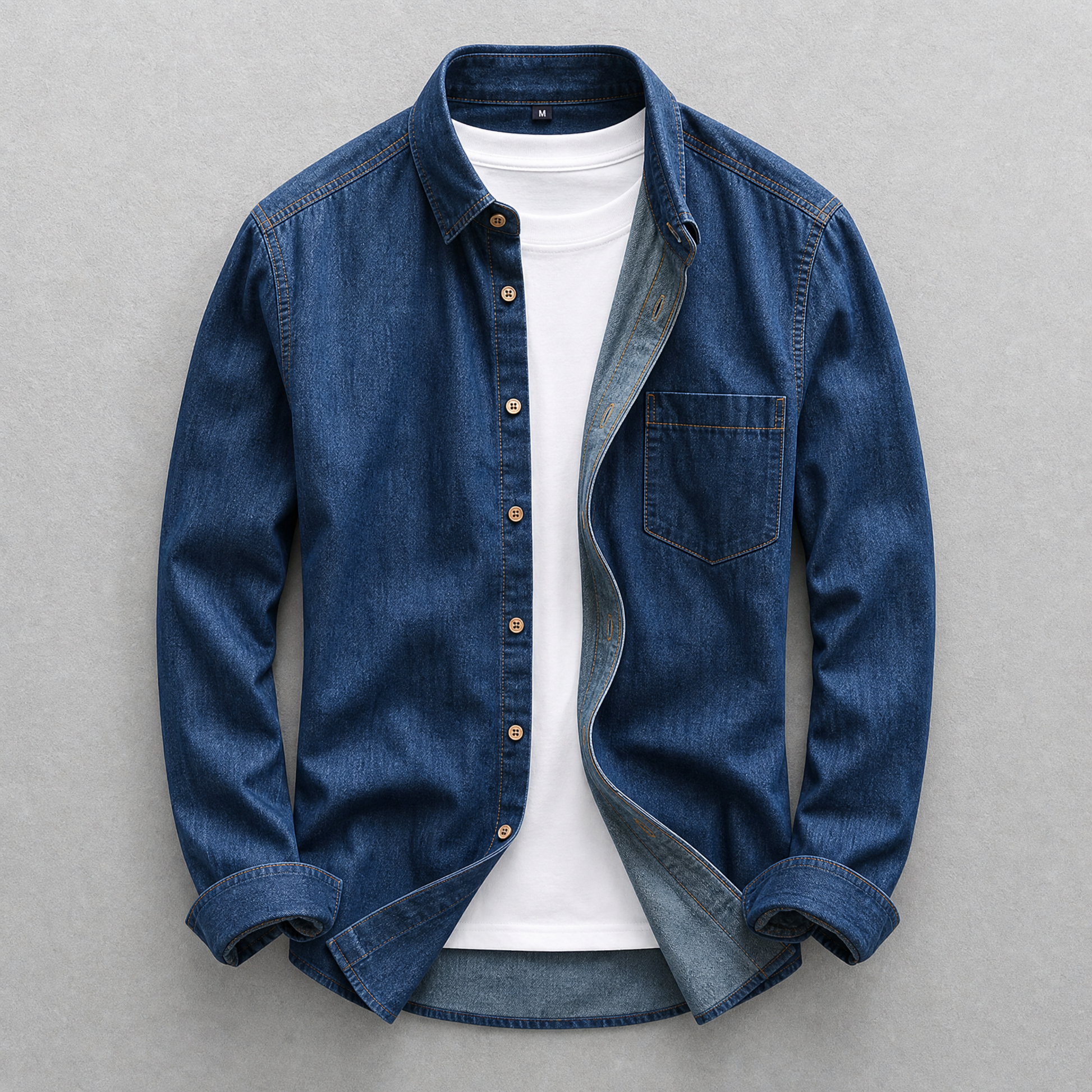 Men's Cotton-Denim Tailored Shirt in Navy – front view | Hensley London