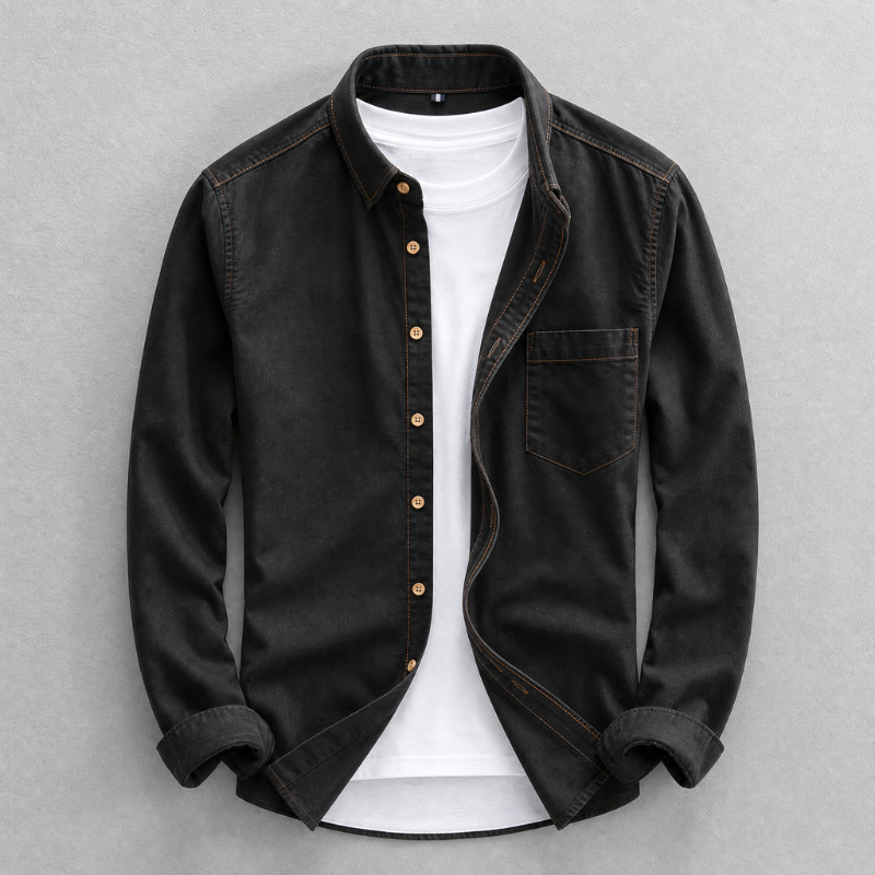 Men's Cotton-Denim Tailored Shirt in Black – front view | Hensley London