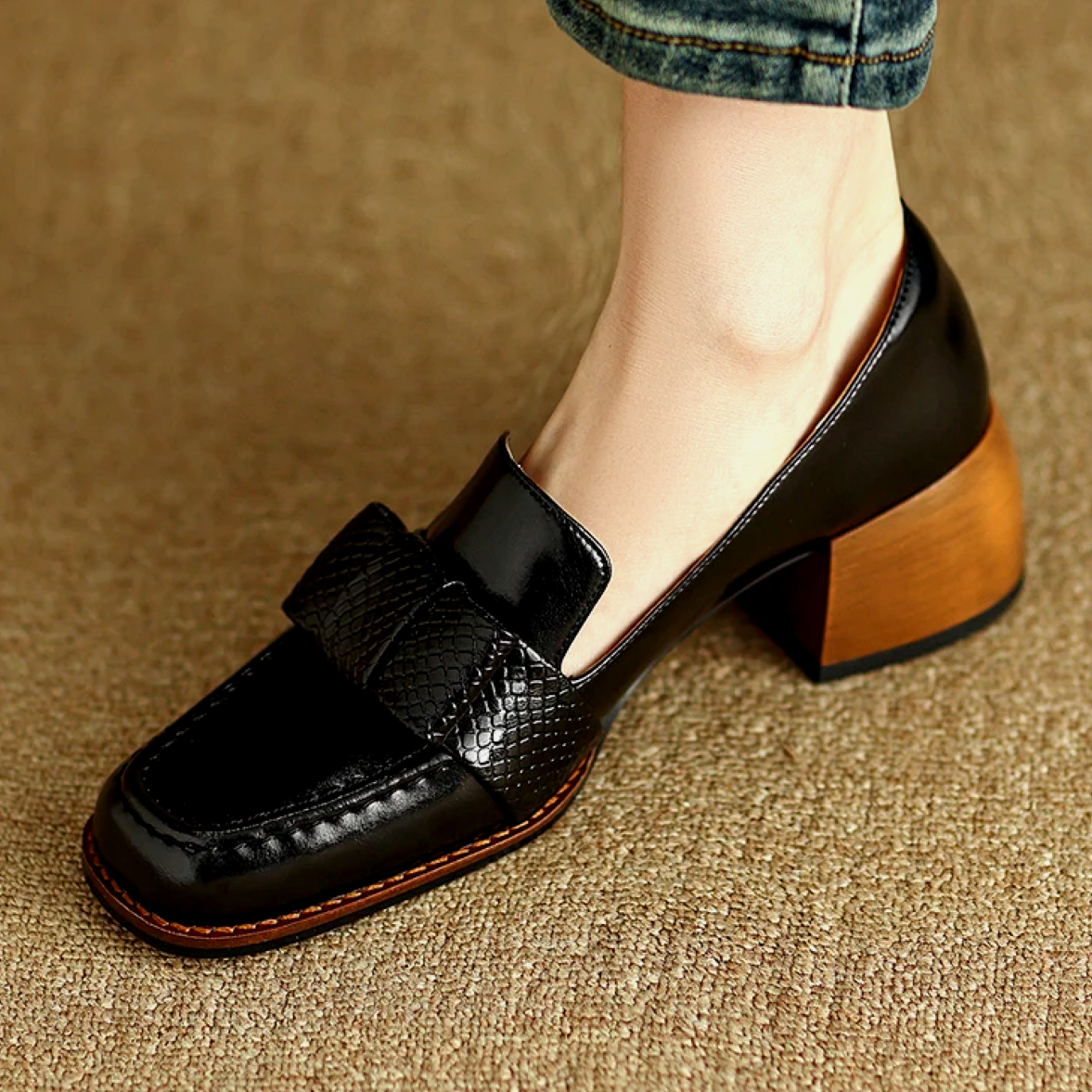 Women's Leather Knot Loafers with Block Heel in Black - product view | Hensley London