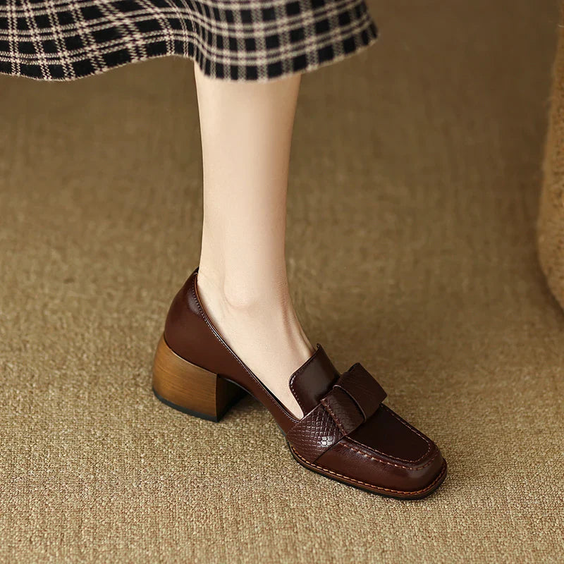 Women's Leather Knot Loafers with Block Heel in Brown - additional view 5 | Hensley London