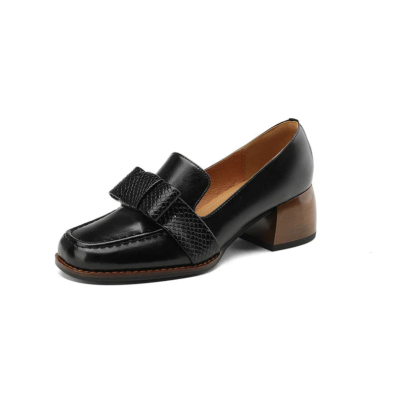 Women's Leather Knot Loafers with Block Heel in Brown - additional view 8 | Hensley London