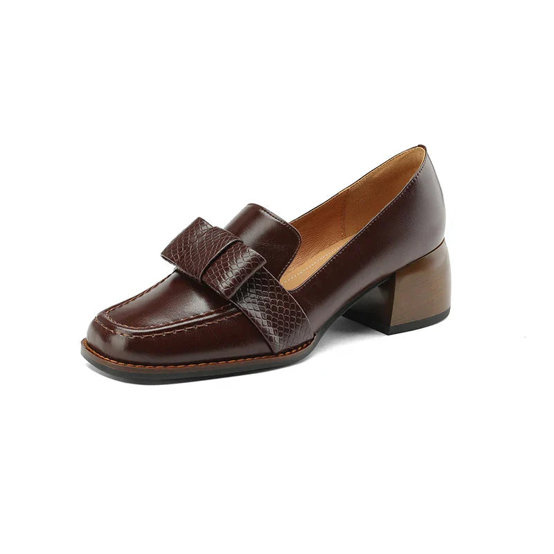 Women's Leather Knot Loafers with Block Heel in Brown - additional view 9 | Hensley London