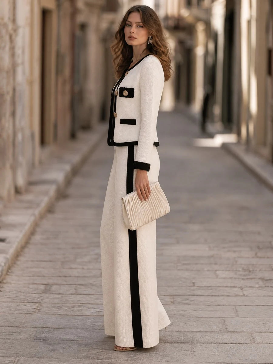 Women's Contrast-Trim Jacket and Wide-Leg Trouser Set in Ivory – product view | Hensley London