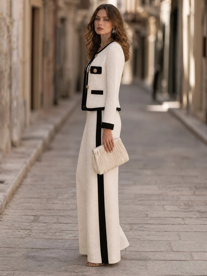 Women's Contrast-Trim Jacket and Wide-Leg Trouser Set in Ivory – product view | Hensley London