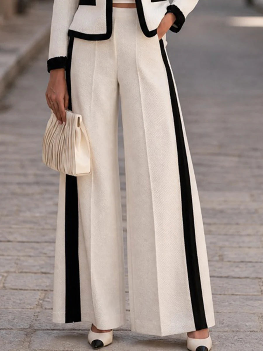 Women's Contrast-Trim Jacket and Wide-Leg Trouser Set in Ivory – product view | Hensley London